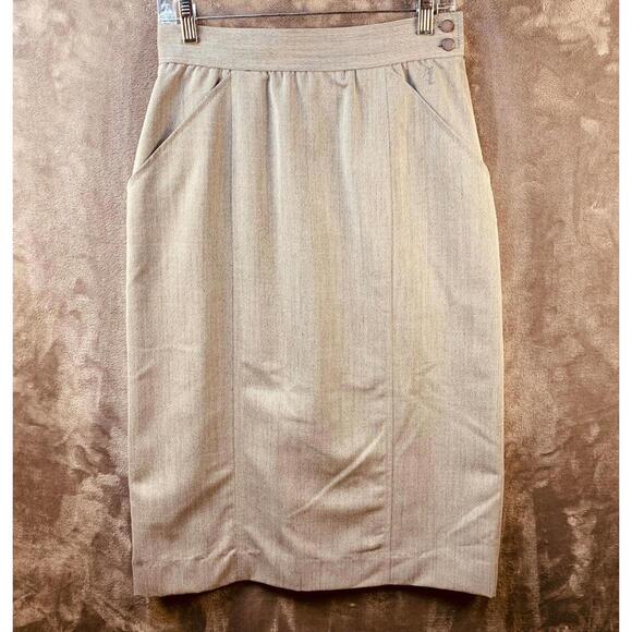 Yves Saint Laurent Grey Womens Wool MIdi Pencil Skirt w/ Lining & Hip Pocket 629